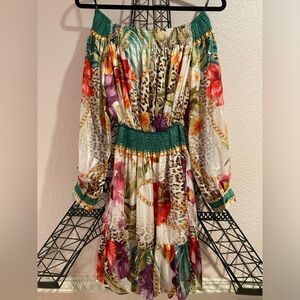 Off the shoulder long sleeve crinkle satin printed mini dress